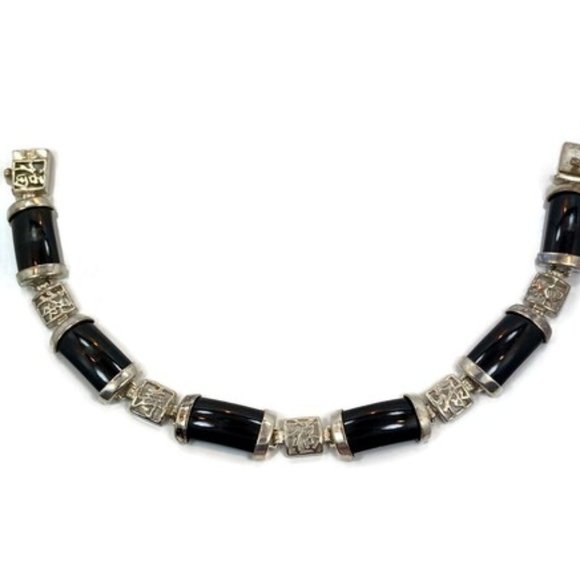 Black Onyx Bracelet, Sterling Bracelet, Asian Characters, Oriental Style,Vintage